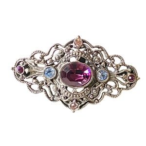 Vintage Style Silver Tone Filagree & Multicolor Gemstones Brooch